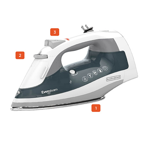 One Step Steam Iron with numbered call-outs.